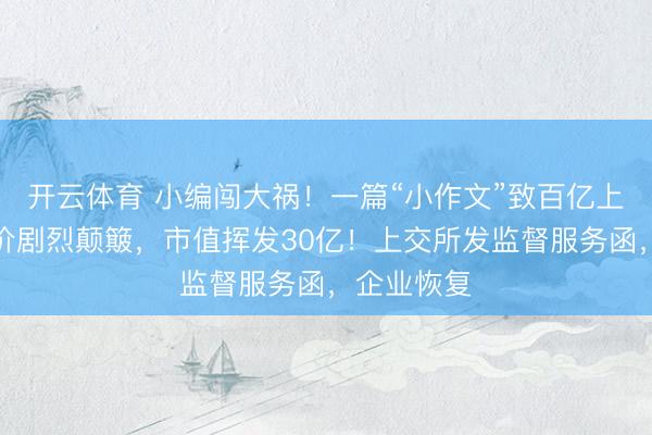 开云体育 小编闯大祸！一篇“小作文”致百亿上市公司股价剧烈颠簸，市值挥发30亿！上交所发监督服务函，企业恢复